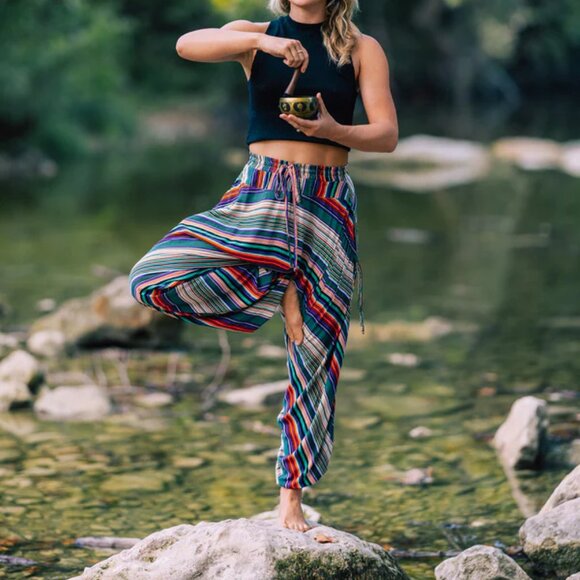 Buddha Pants Unisex Drawstring Boho Hippie Stripe Savannah Harem Pants Green - Picture 13 of 15